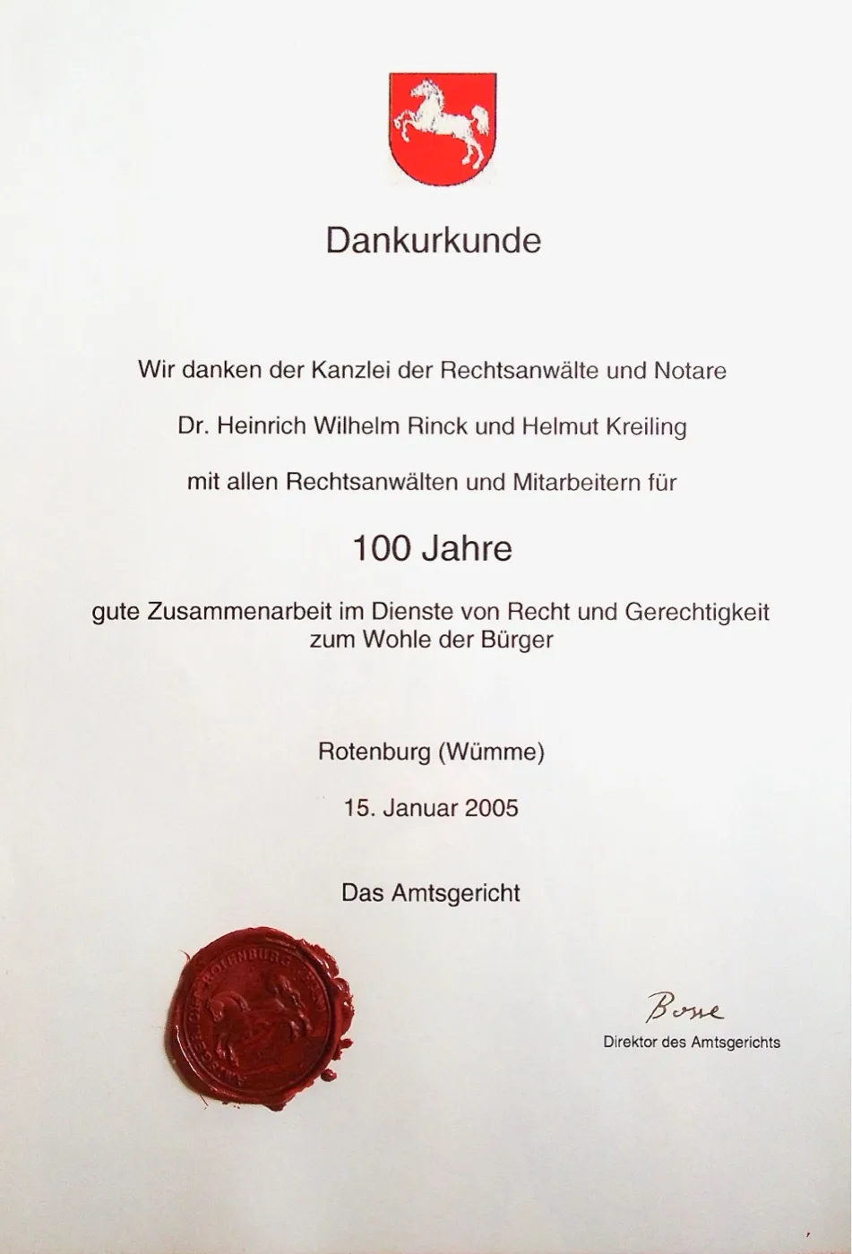 Dankurkunde des Amtsgerichts Rotenburg (Wümme) vom 15. Januar 2005 mit Siegel